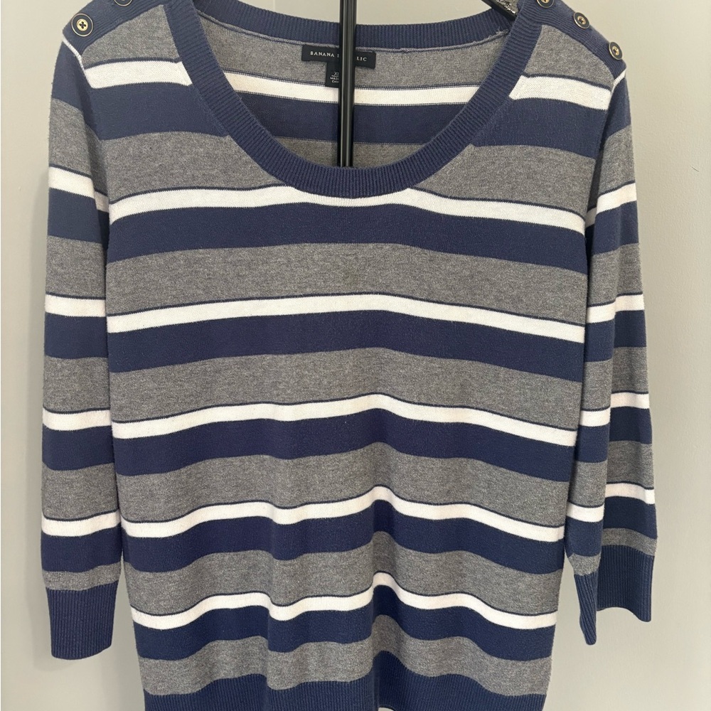 BANANA REPUBLIC Nautical Luxe Striped Button-Shoulder Sweater | Navy & Slate XL - Picture 2 of 8